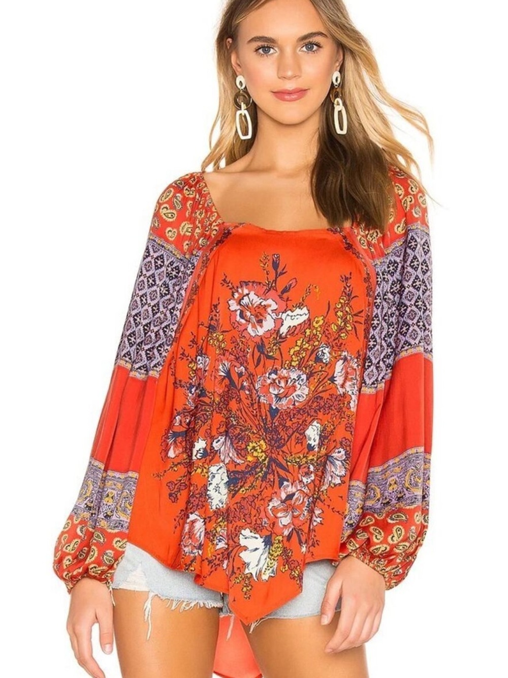 Free People Positano Boho Floral Orange Floral Peasant Blouse
